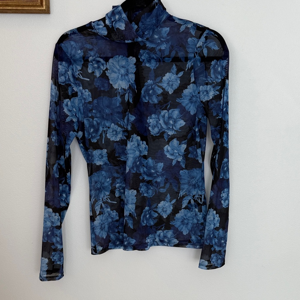 Alice + Olivia Blue Floral Sheer Blouse